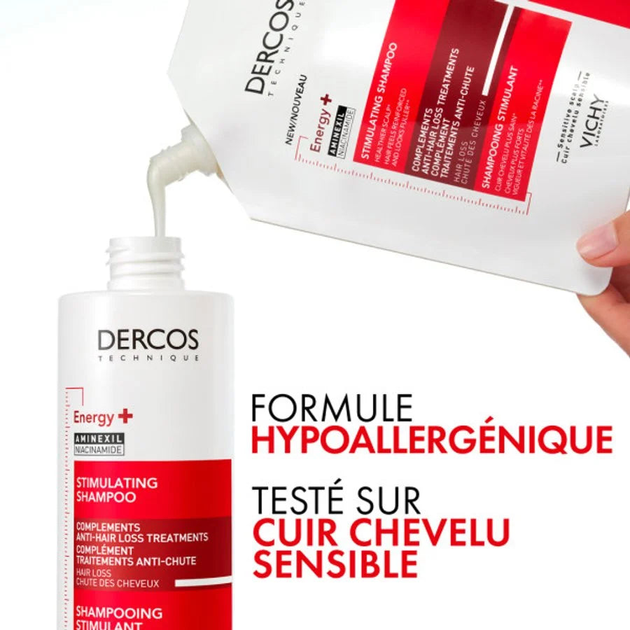 Vichy Dercos Shampooing Éco-Recharge Énergisant Anti-Chute 400ml stimulant croissance cheveux Aminexil vitamines réduit chute renforce densifie - globalparapharmacie