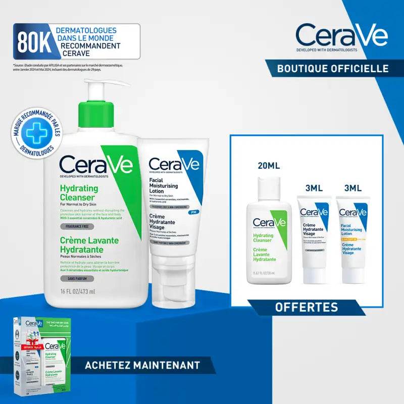 CERAVE Pack Crème Lavante Hydratante 473 Ml + Crème Hydratante Visage 52 Ml + 3 Miniatures Offertes - Global Para