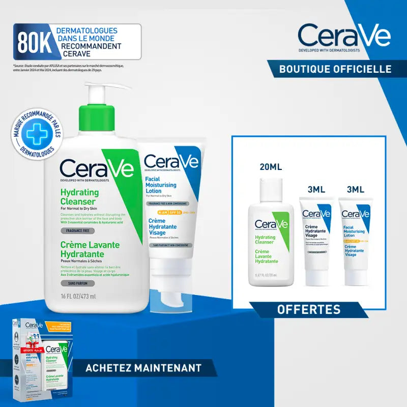 CERAVE Pack Crème Lavante Hydratante 473 Ml + Crème Hydratante Visage Spf50 Ml + 3 Miniatures Offertes | Global Para