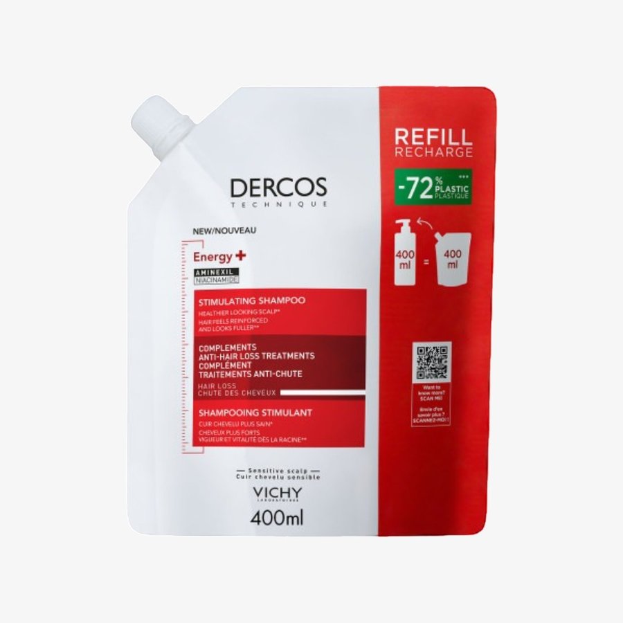 Vichy Dercos Shampooing Éco-Recharge Énergisant Anti-Chute 400ml stimulant croissance cheveux Aminexil vitamines réduit chute renforce densifie - globalparapharmacie