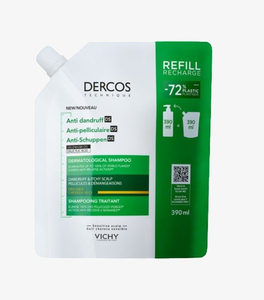VICHY Dercos Eco-Recharge Shampoing Anti-Pelliculaire Cheveux Secs Éco-Responsable 390 ml